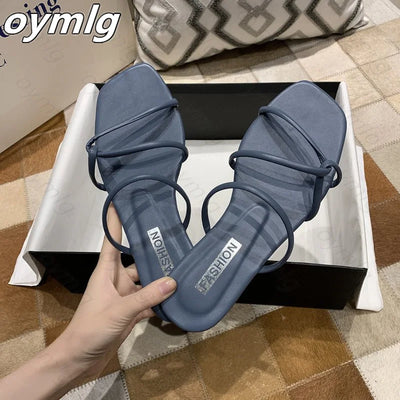 2021 Slippers Women Summer Korean Version New Square-Toe Flat-Heel Candy Color Fashion Outer Wear Sandals Slippers